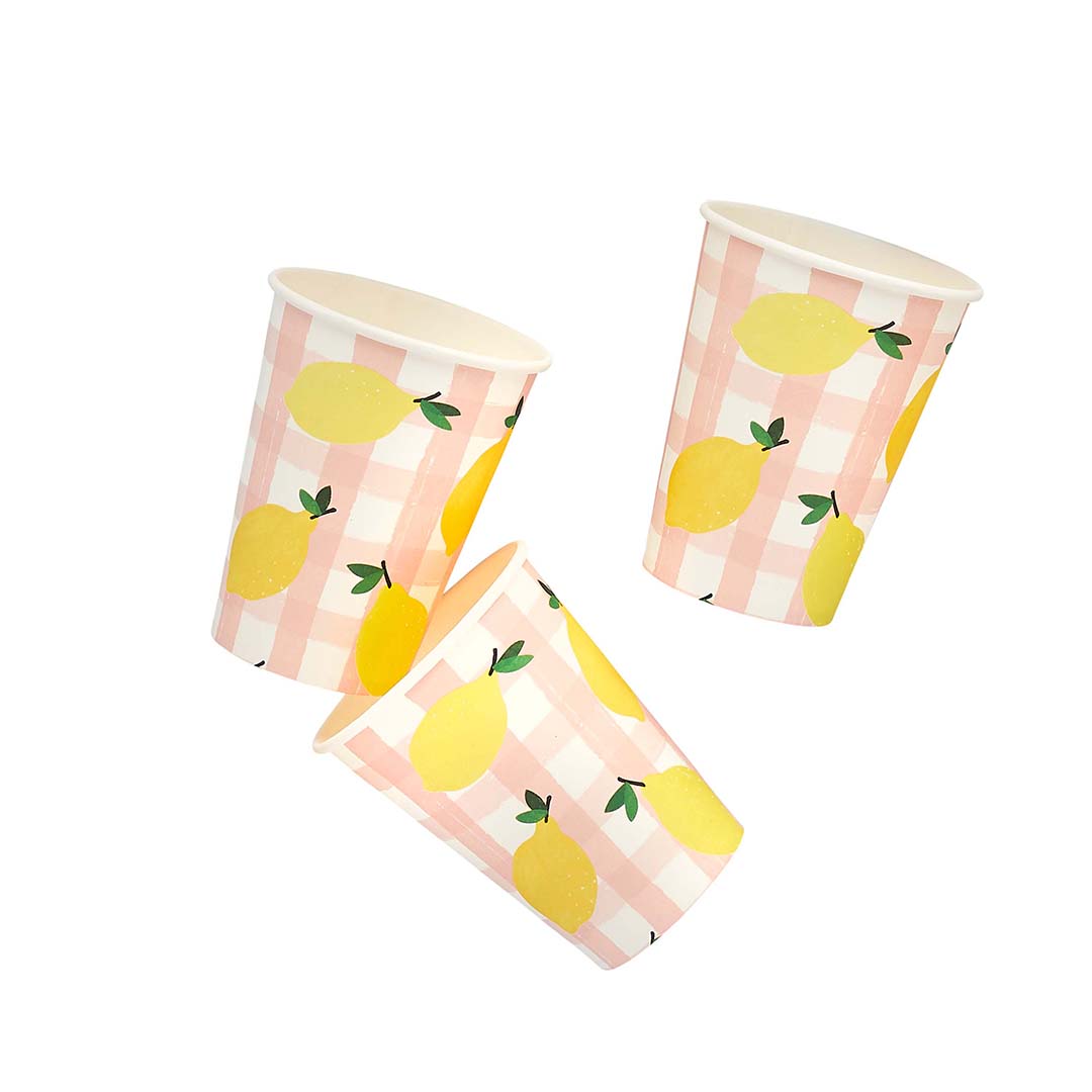 Hootyballoo Party Supplies - Lemon & Gingham Picnic Party Cups x 8 party cups Lemon & Gingham Picnic Party Cups - 8 Pack