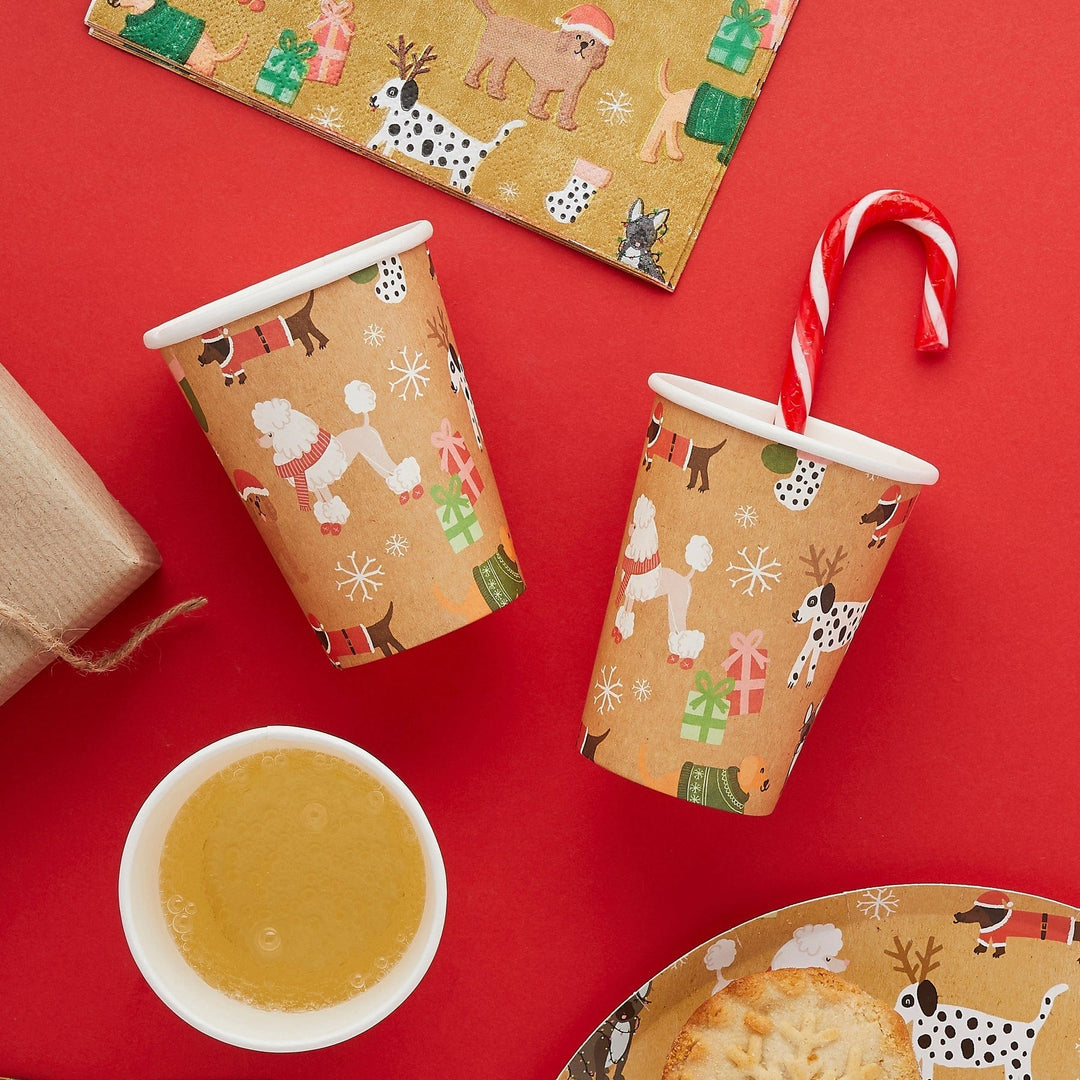 Hootyballoo - Santa Paws Christmas Eco Paper Cups x 8 party cups Santa Paws Christmas Eco Paper Cups x 8