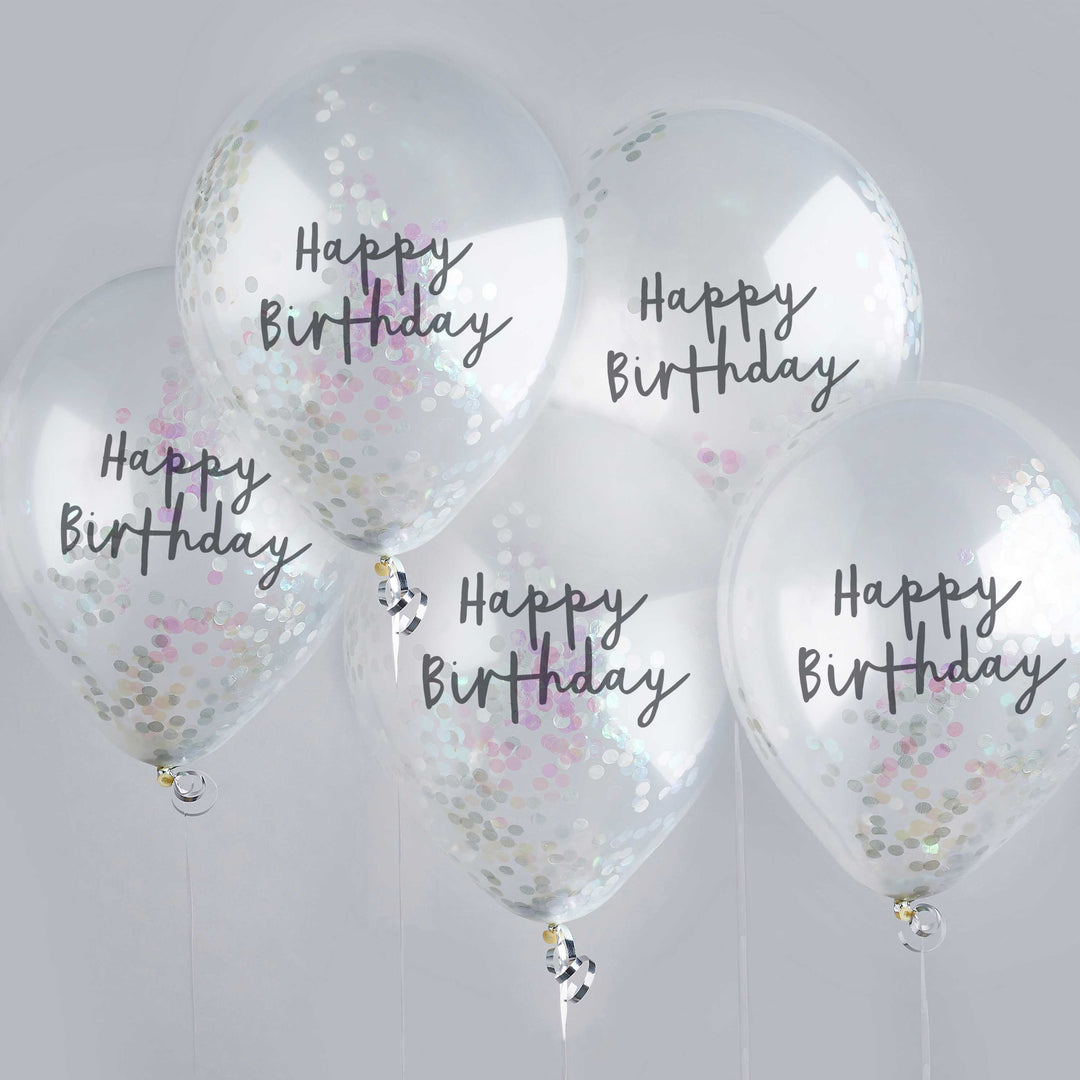 Iridescent Happy Birthday Confetti Balloons x 5 Balloons Iridescent Happy Birthday Confetti Balloons x 5