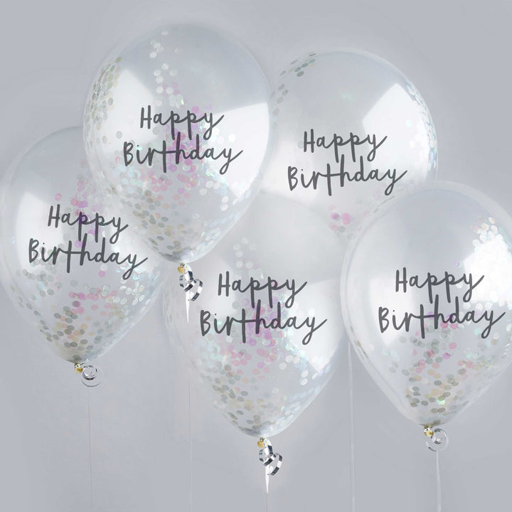 Iridescent Happy Birthday Confetti Balloons x 5 Balloons Iridescent Happy Birthday Confetti Balloons x 5