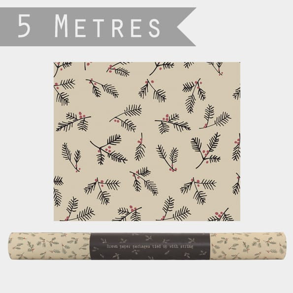 Kraft Wrapping Paper 5m Roll, Berry Branches | East of India Gift Wrap East of India Kraft Wrapping Paper 5m Roll - Berry Branches