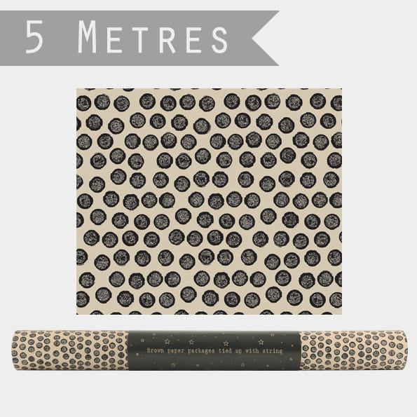 Kraft Wrapping Paper 5m Roll, Black Dots | East of India Gift Wrap East of India Kraft Wrapping Paper Roll - Black Dots