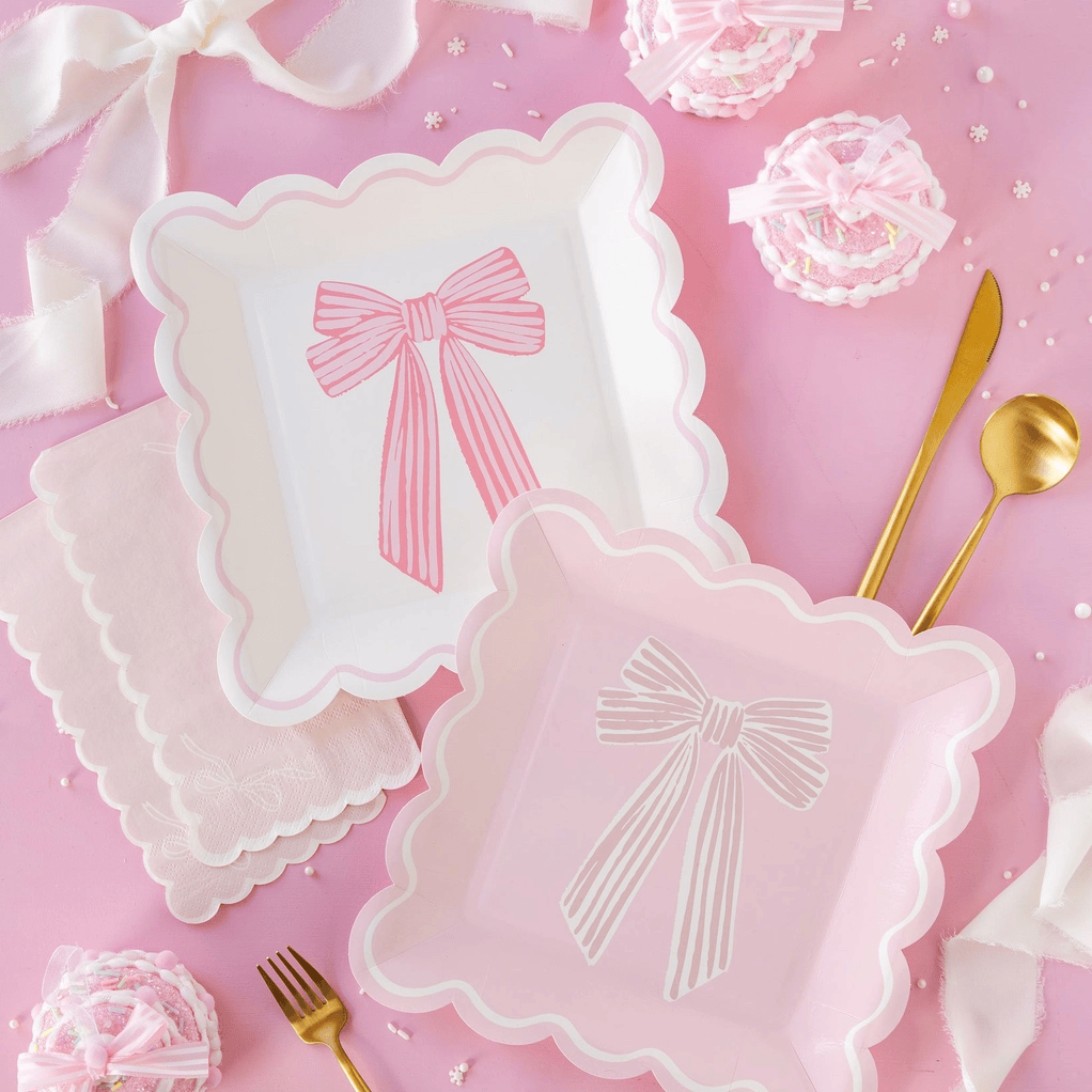Large Pink Bows Party Plates x 8 - Pink Bow Party Supplies Disposable Plates Large Pink Bows Party Plates x 8