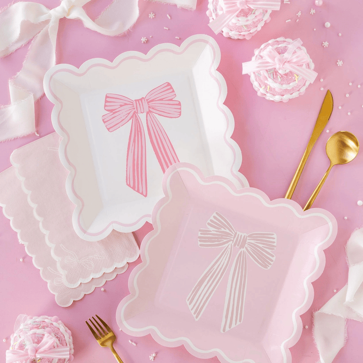Large Pink Bows Party Plates x 8 - Pink Bow Party Supplies Disposable Plates Large Pink Bows Party Plates x 8