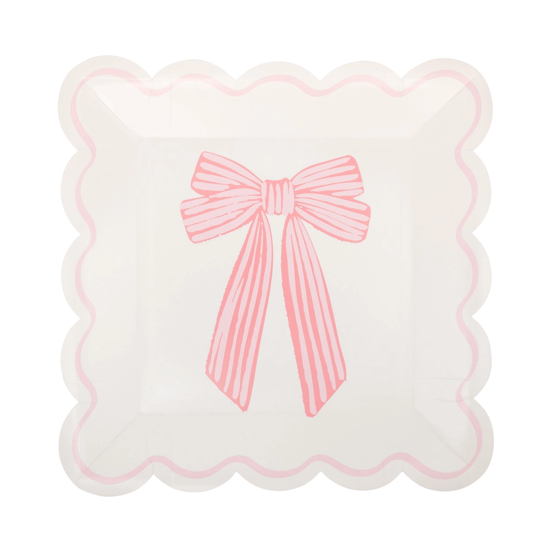 Large Pink Bows Party Plates x 8 - Pink Bow Party Supplies Disposable Plates Large Pink Bows Party Plates x 8