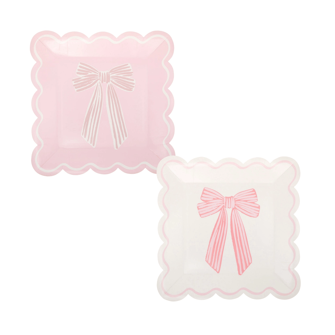 Large Pink Bows Party Plates x 8 - Pink Bow Party Supplies Disposable Plates Large Pink Bows Party Plates x 8