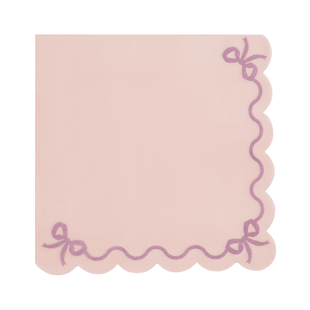 Light Pink Scalloped Bow Party Napkins x 12 - Pink Bow Party Tableware Napkins Light Pink Scalloped Bow Party Napkins x 12