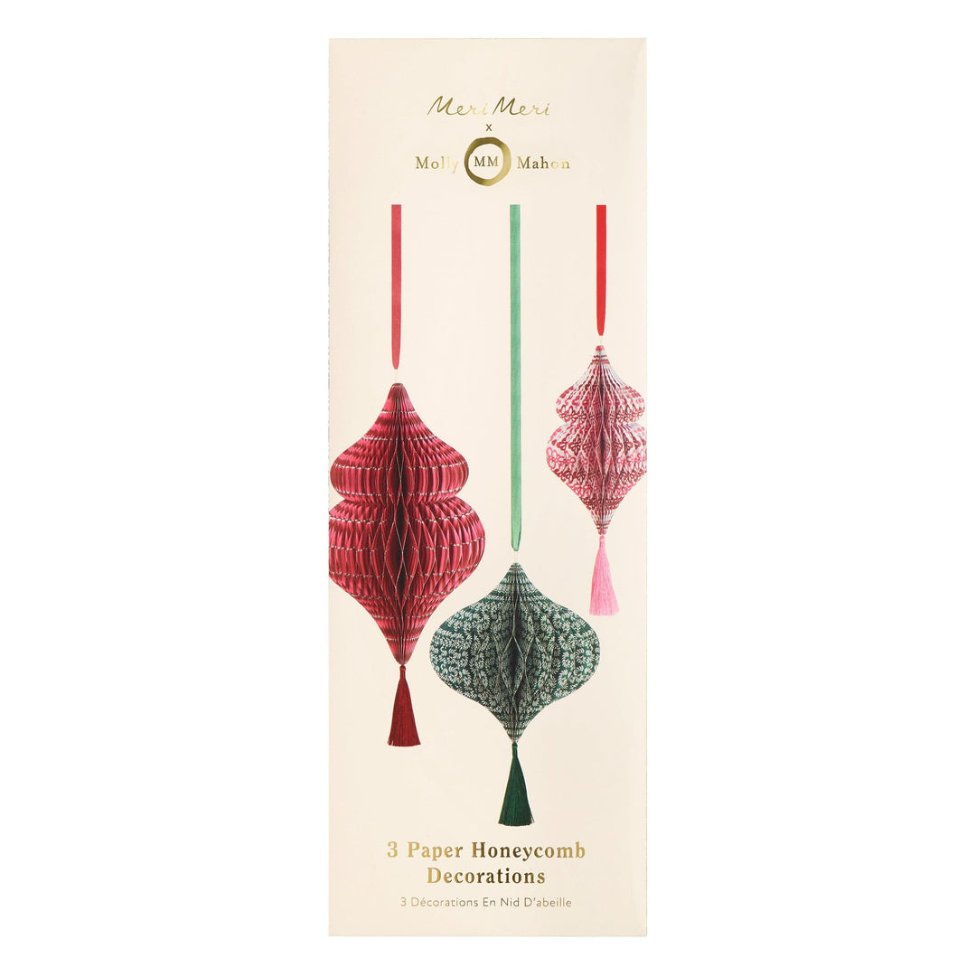 Meri Meri x Molly Mahon Large Paper Honeycomb Christmas Decorations x 3 | Meri Meri Christmas Decorations Party Decorations Meri Meri x Molly Mahon Large Paper Honeycomb Christmas Decorations x 3