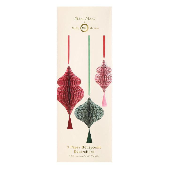 Meri Meri x Molly Mahon Large Paper Honeycomb Christmas Decorations x 3 | Meri Meri Christmas Decorations Party Decorations Meri Meri x Molly Mahon Large Paper Honeycomb Christmas Decorations x 3