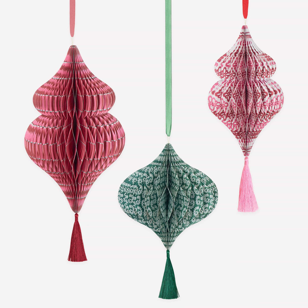 Meri Meri x Molly Mahon Large Paper Honeycomb Christmas Decorations x 3 | Meri Meri Christmas Decorations Party Decorations Meri Meri x Molly Mahon Large Paper Honeycomb Christmas Decorations x 3