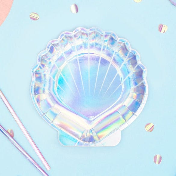 Mermaid Party - Iridescent Mermaid Shell Shaped Party Plates x 6 Disposable Plates Iridescent Mermaid Shell Shaped Party Plates x 6
