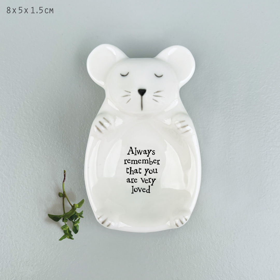 Mouse Trinket Dish Remember That You Are Loved | East of India dish East of India Porcelain Mouse Trinket Dish - Remember That You Are Loved