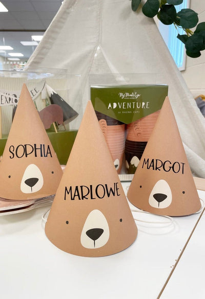My Mind's Eye - Personalised Adventure Bear Party Hats x 8 Party Supplies Personalised Adventure Bear Party Hats x 8