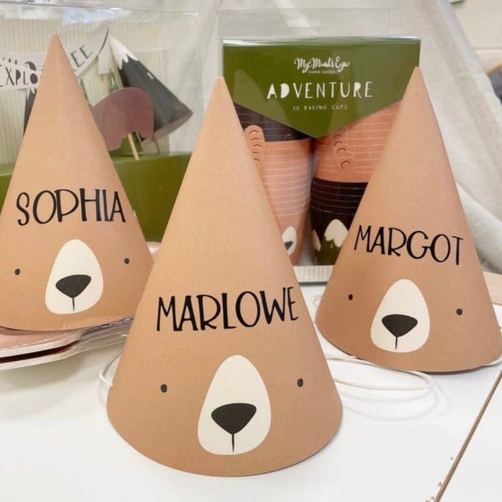 My Mind's Eye - Personalised Adventure Bear Party Hats x 8 Party Supplies Personalised Adventure Bear Party Hats x 8