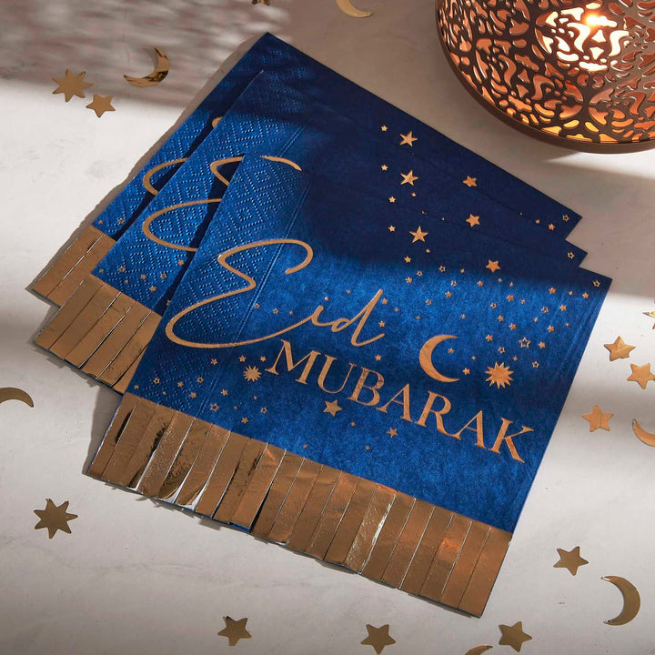 Napkins Navy & Gold Eid Mubarak Fringe Napkins x 16