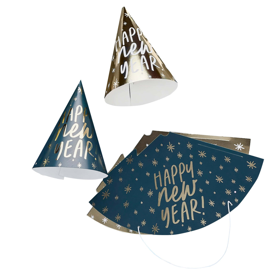 Navy & Gold Happy New Year Party Hats x 10 Party Hats Navy & Gold Happy New Year Party Hats x 10