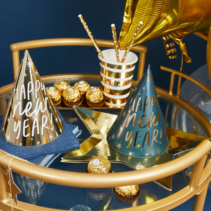 Navy & Gold Happy New Year Party Hats x 10 Party Hats Navy & Gold Happy New Year Party Hats x 10