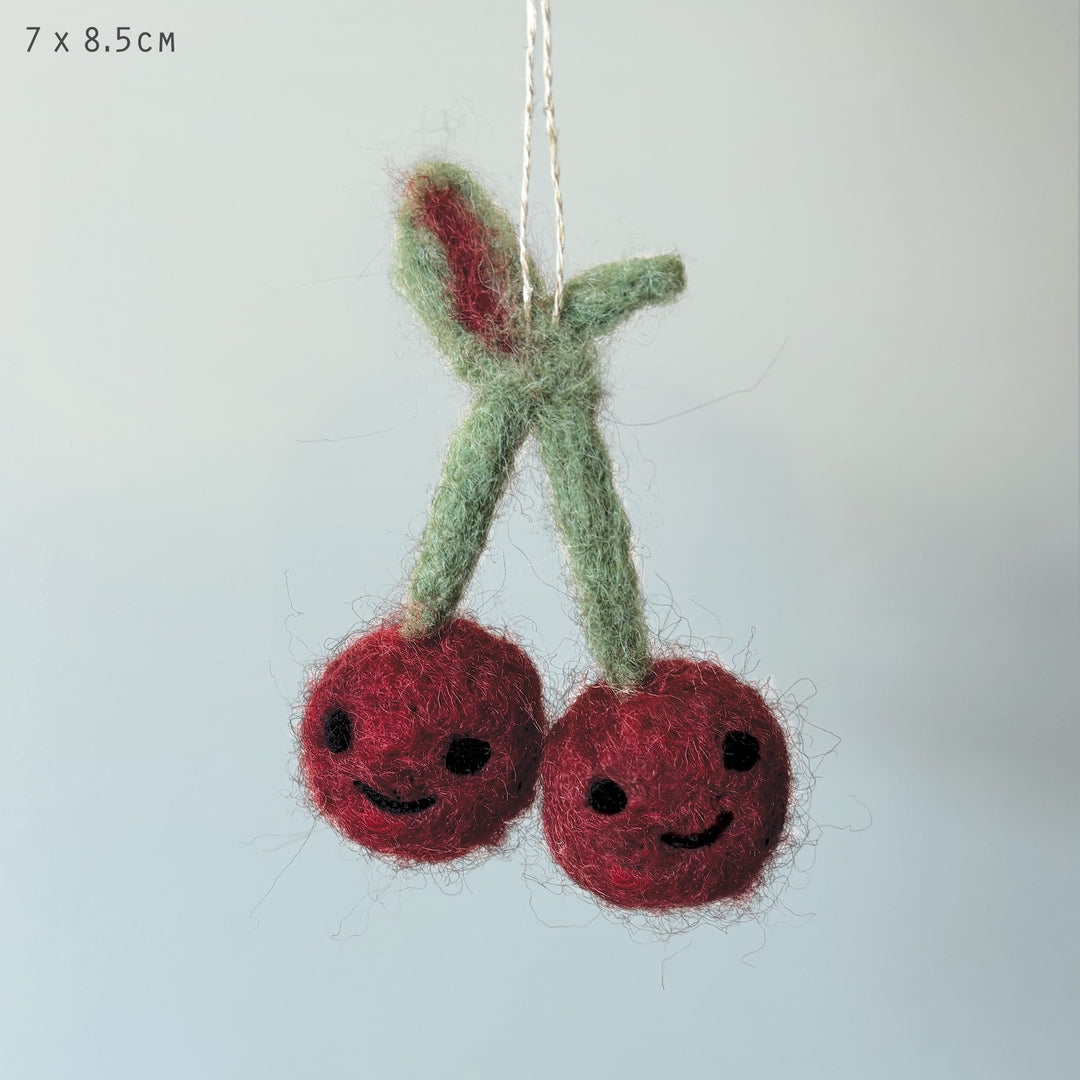 Needle Felted Cherries Hanging Decoration by East of India Hanging Decoration East of India Needle Felted Fruit Hanging Decoration - Cherries