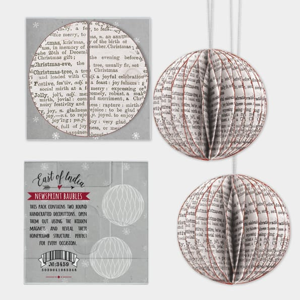 Newsprint Paper Christmas Baubles, Pack of 2 | East of India Bauble East of India Paper Christmas Baubles - Newsprint, Pack of 2
