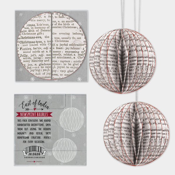 Newsprint Paper Christmas Baubles, Pack of 2 | East of India Bauble East of India Paper Christmas Baubles - Newsprint, Pack of 2