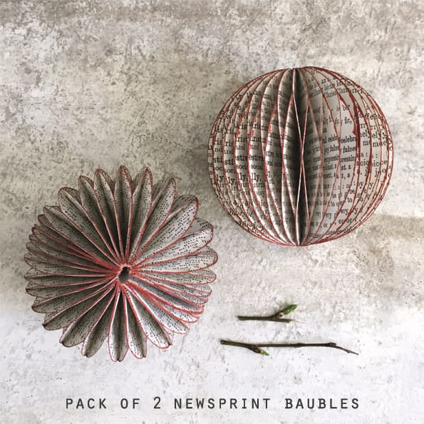 Newsprint Paper Christmas Baubles, Pack of 2 | East of India Bauble East of India Paper Christmas Baubles - Newsprint, Pack of 2