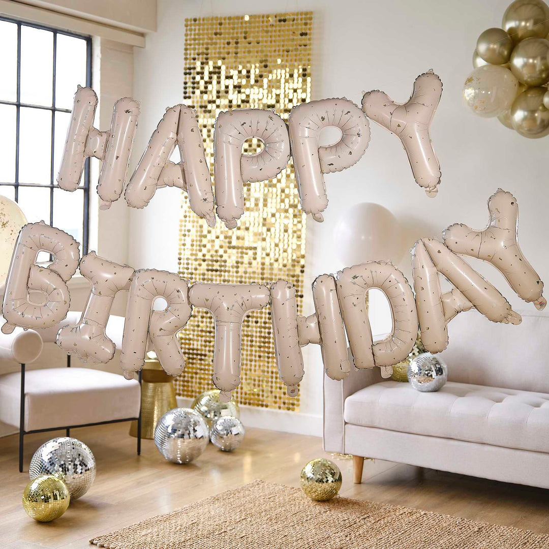 Balloons Nude and Gold Speckle Happy Birthday Balloon Bunting