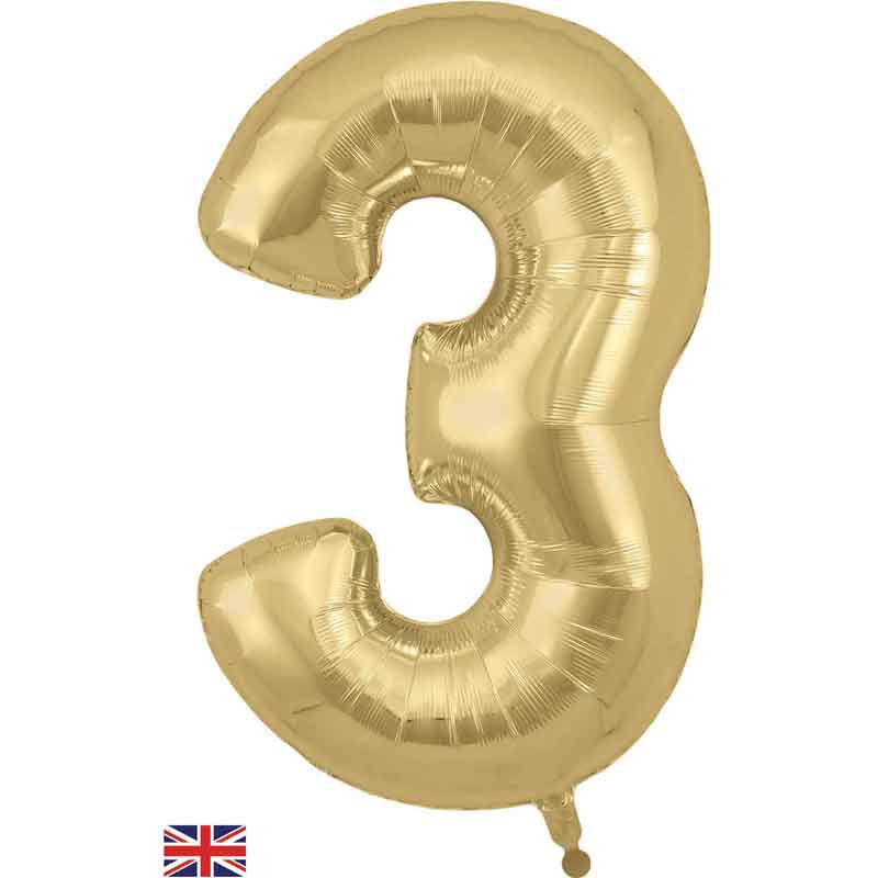Number 3 Foil Balloon - Gold Silk 34 Inch for Birthdays Foil Balloon Number 3 Foil Balloon - Gold Silk 34 inch