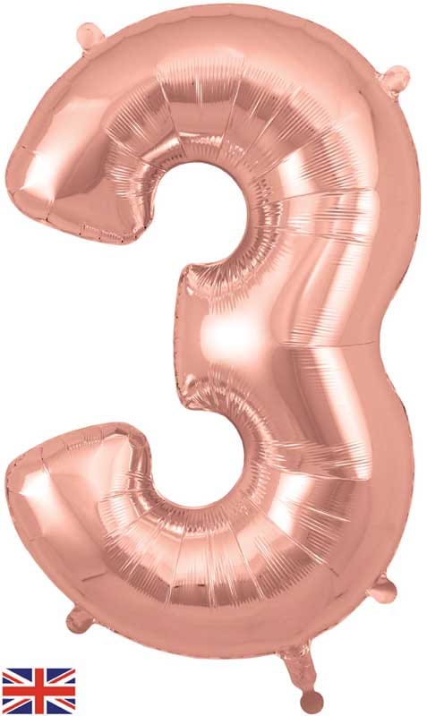 Number 3 Foil Balloon - Rose Gold 34 Inch for Birthdays Foil Balloon Number 3 Foil Balloon - Rose Gold 34 inch