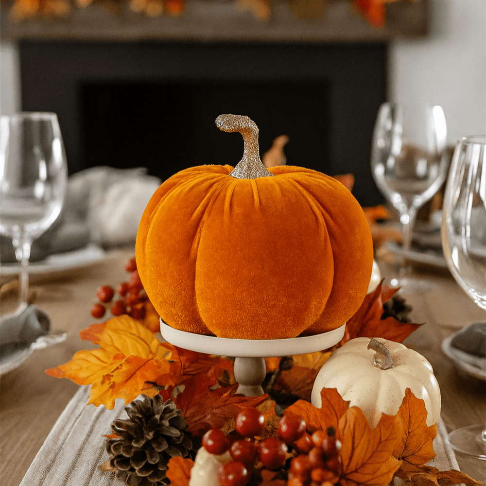 Orange Velvet Pumpkin Decoration - 19cm - Halloween Fall Decor ornament Orange Velvet Pumpkin Decoration - 19cm
