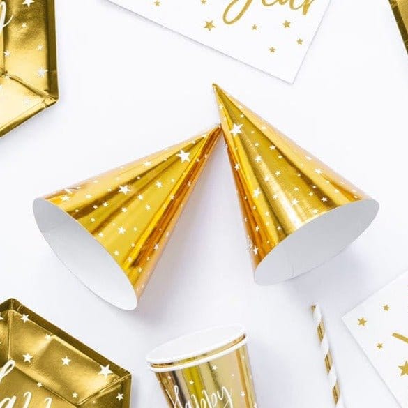 Party Deco Party Supplies - Gold and Stars Party hats x 6 Party Hats Gold and Stars Party hats - 6 pack