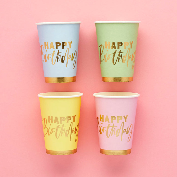 Pastel Happy Birthday Party Cups x 8 | Pastel Party Supplies UK Disposable Cups Pastel Happy Birthday Party Cups x 8