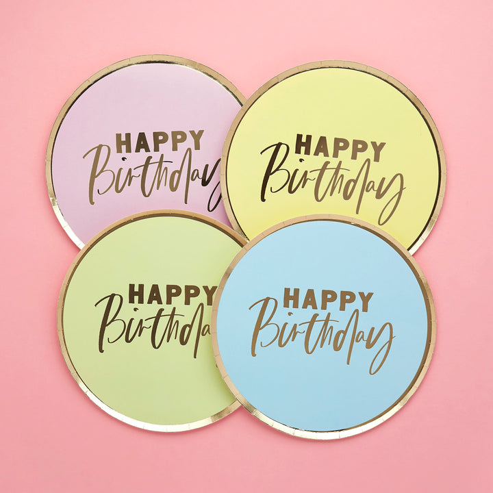 Pastel Happy Birthday Party Plates x 8 | Pastel Party Supplies UK Disposable Plates Pastel Happy Birthday Party Plates x 8