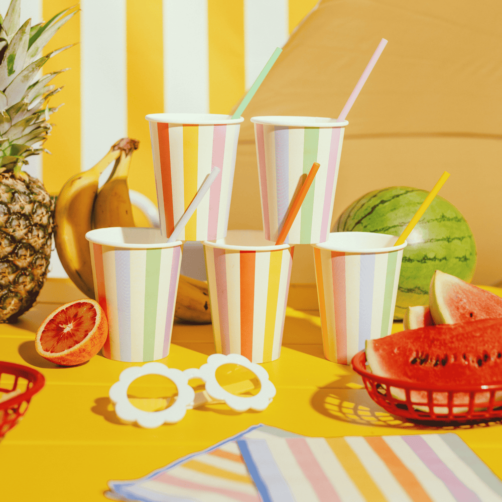 Pastel Stripes Party Cups x 6 - Summer Party Supplies Disposable Cups Pastel Stripes Party Cups x 6