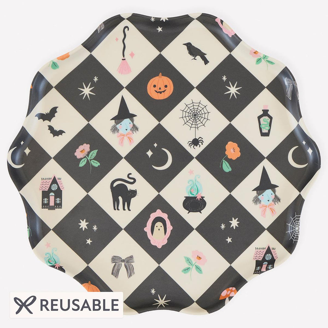 Patchwork Halloween Reusable Large Party Plates x 4 | Meri Meri party plates Patchwork Halloween Reusable Large Party Plates x 4