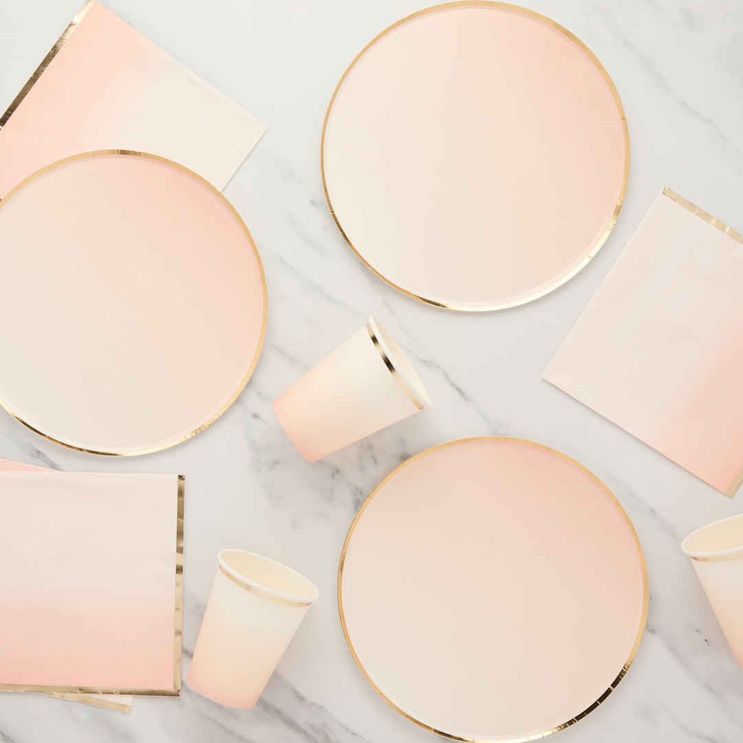 Peach &amp; Gold Ombre Paper Party Plates x 8 - Peach Party Supplies Disposable Plates Peach &amp; Gold Ombre Party Plates x 8