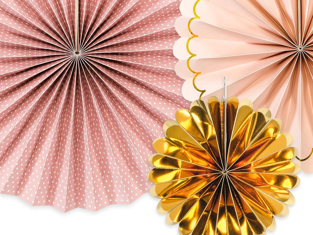 Pink and Gold Party Fans x 3 - Princess Birthday Decorations Hanging Decoration Pink & Gold Party Fans x 3