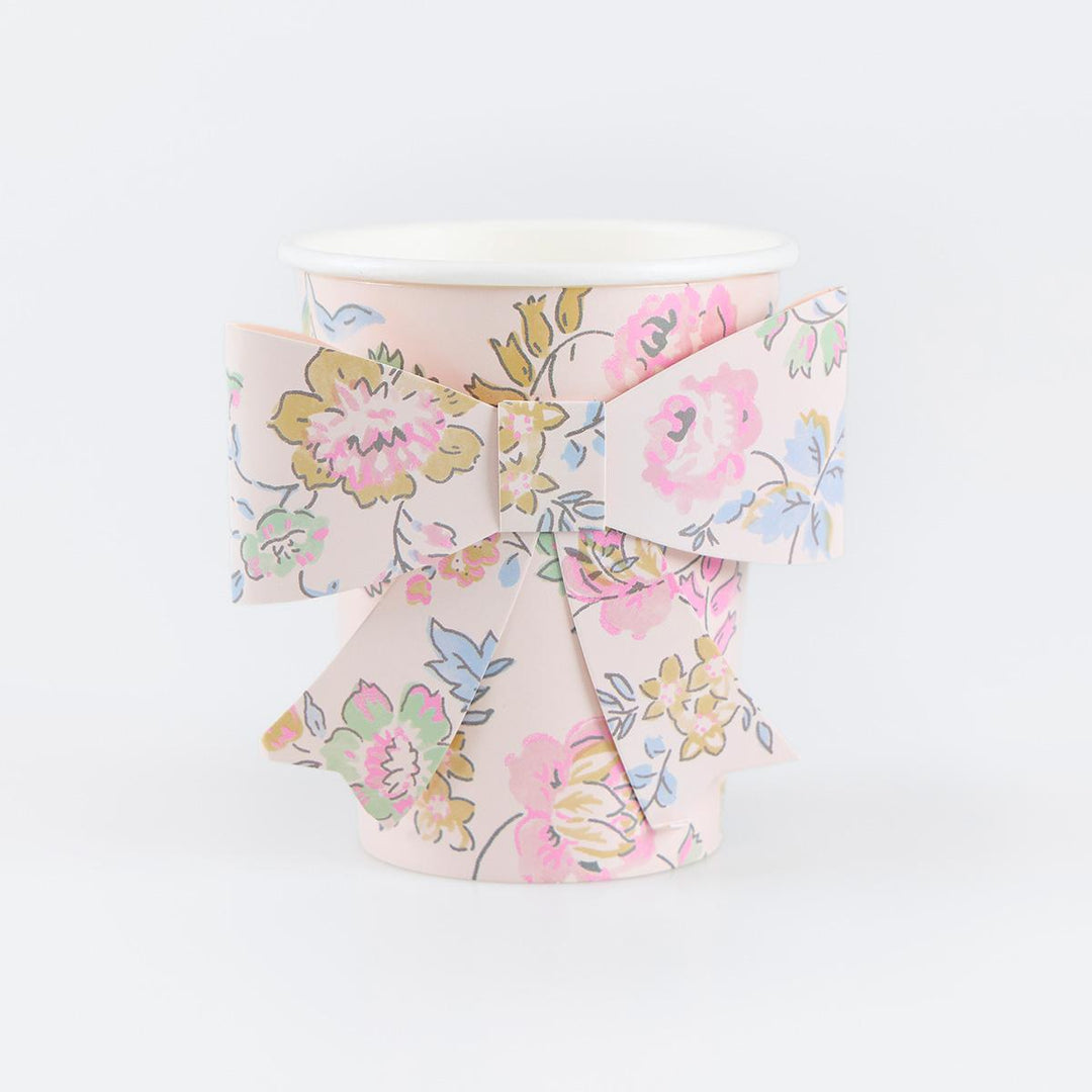 Pink Chintz Bow Party Cups x 8 | Meri Meri party cups Pink Chintz Bow Party Cups x 8