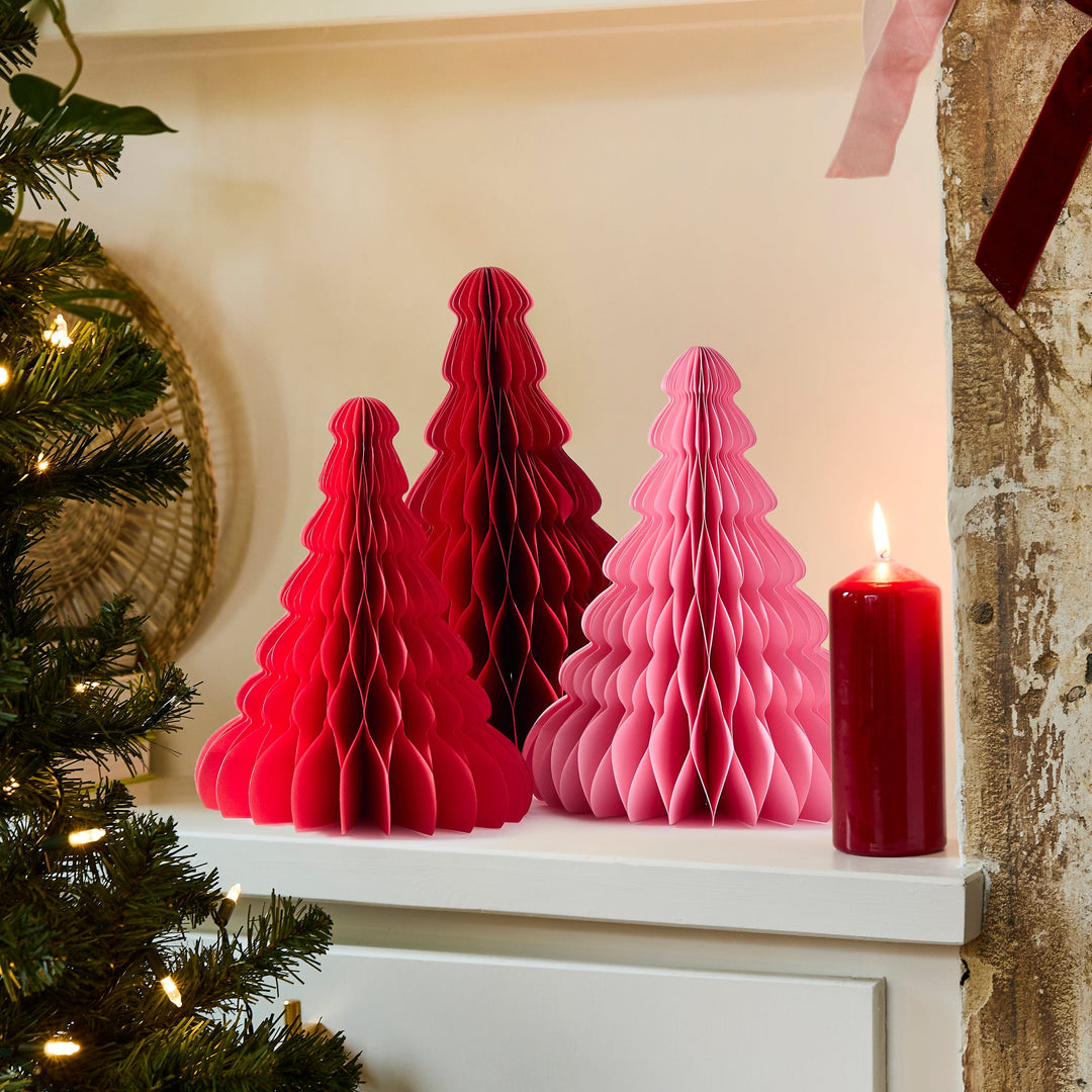Pink & Red Honeycomb Christmas Trees - Pack of 3 christmas decorations Pink & Red Honeycomb Christmas Trees - Pack of 3