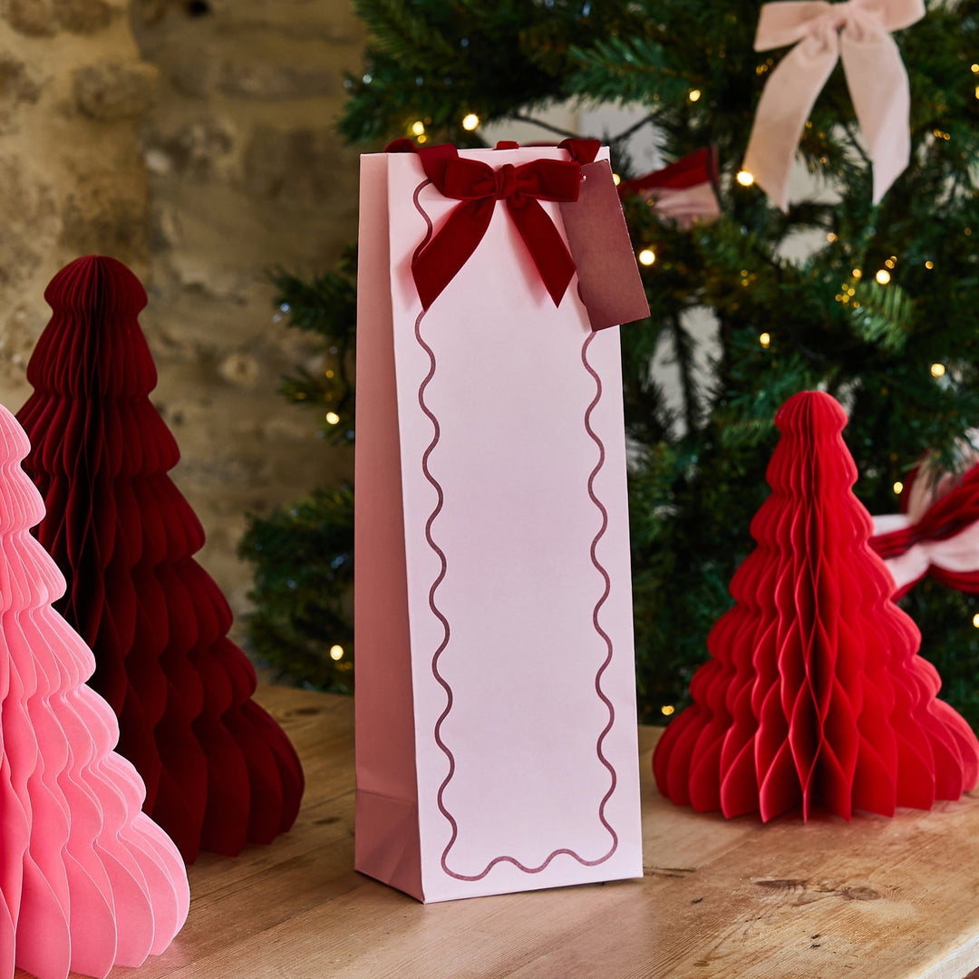 Pink &amp; Red Velvet Bow Bottle Bag | Hootyballoo Christmas Bottle Gift Bag Gift Bags Pink &amp; Red Velvet Bow Bottle Bag