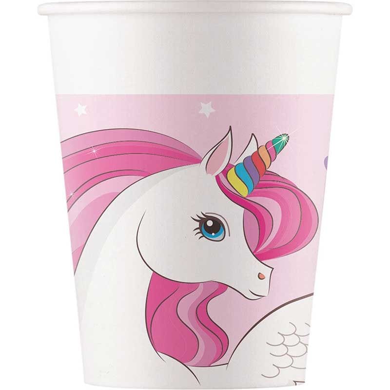 Pink Unicorn Paper Party Cups x 8 - Unicorn Party Supplies Disposable Cups Pink Unicorn Paper Party Cups x 8
