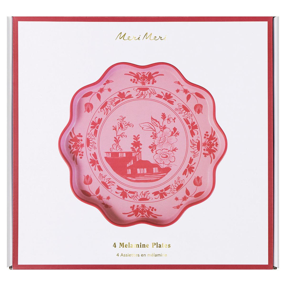 Pink Vintage Botanical Reusable Large Party Plates x 4 | Meri Meri party plates Pink Vintage Botanical Reusable Large Party Plates x 4