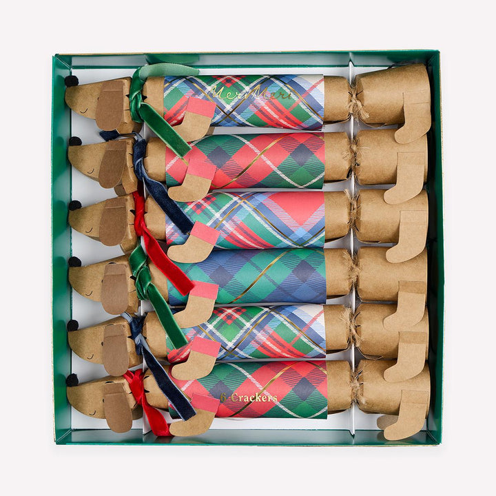 Plaid Sausage Dog Christmas Crackers x 6 | Meri Meri christmas crackers Plaid Sausage Dog Christmas Crackers x 6