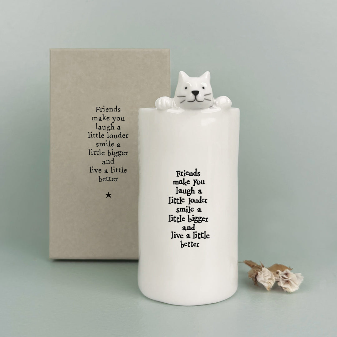 Porcelain Cat Vase Friends Make You Laugh | East of India gift East of India Porcelain Cat Vase - Friends Make You Laugh