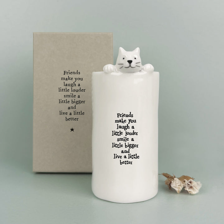 Porcelain Cat Vase Friends Make You Laugh | East of India gift East of India Porcelain Cat Vase - Friends Make You Laugh