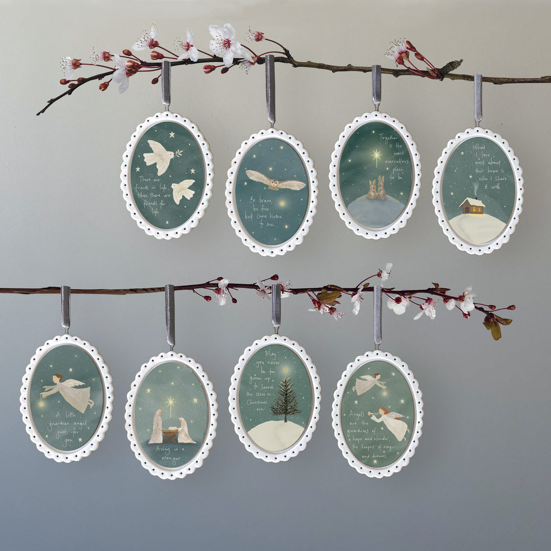 Porcelain Christmas Tree Decoration, Away in a Manger | East of India Hanging Decoration East of India Porcelain Scallop Oval Christmas Tree Decoration - Away in a Manger