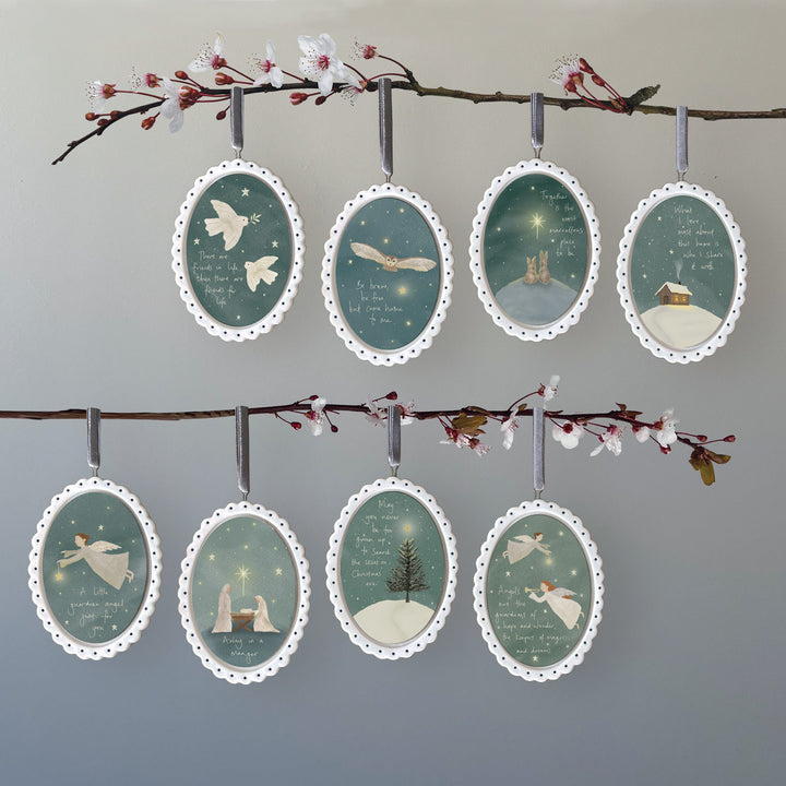 Porcelain Christmas Tree Decoration, Away in a Manger | East of India Hanging Decoration East of India Porcelain Scallop Oval Christmas Tree Decoration - Away in a Manger