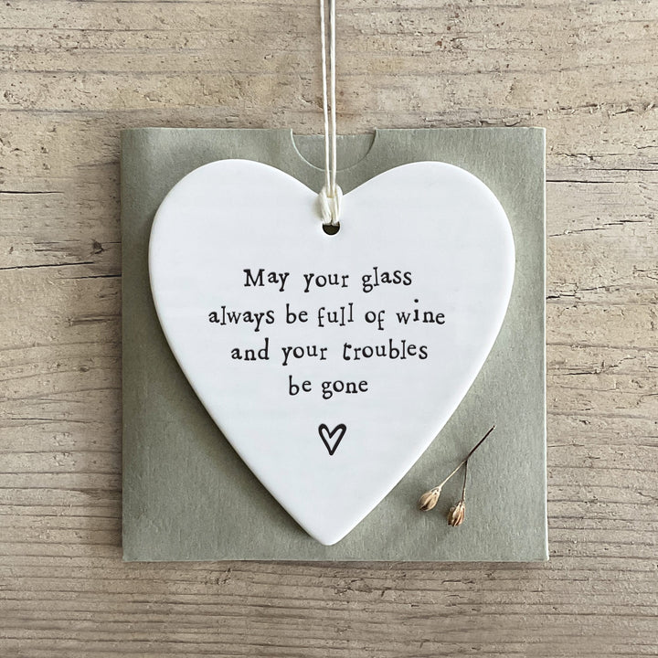 Porcelain Hanging Heart, May Your Glass Be Full | East of India Hanging Decoration East of India Porcelain Hanging Heart - May Your Glass Be Full