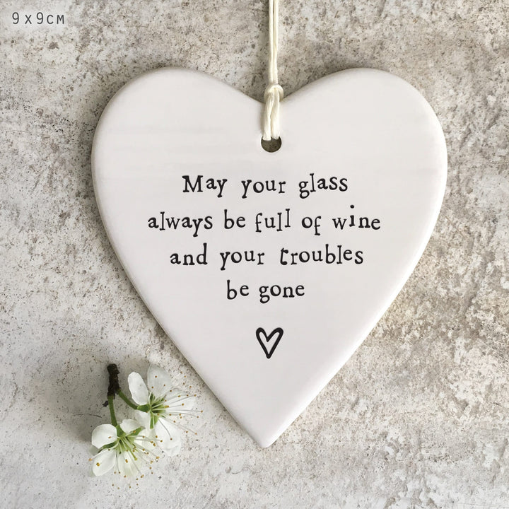 Porcelain Hanging Heart, May Your Glass Be Full | East of India Hanging Decoration East of India Porcelain Hanging Heart - May Your Glass Be Full