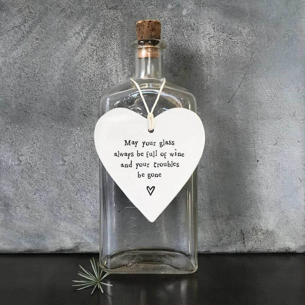 Porcelain Hanging Heart, May Your Glass Be Full | East of India Hanging Decoration East of India Porcelain Hanging Heart - May Your Glass Be Full