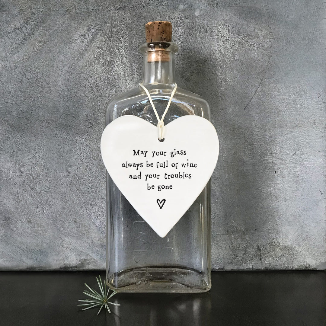 Porcelain Hanging Heart, May Your Glass Be Full | East of India Hanging Decoration East of India Porcelain Hanging Heart - May Your Glass Be Full